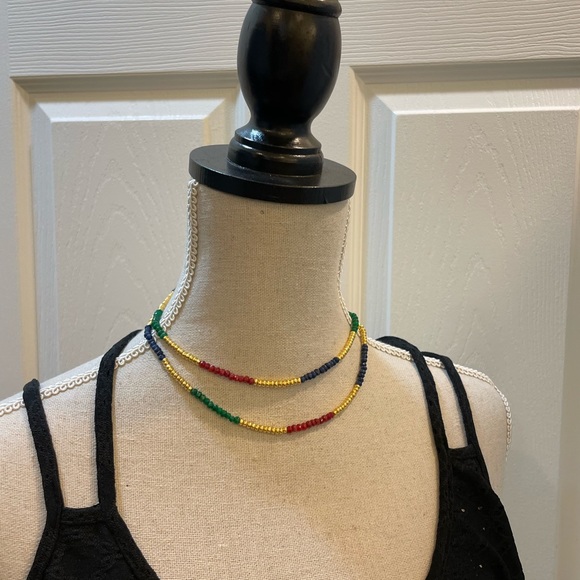 Sterling Silver gold plated beads w red blue & green faceted jade bead necklace